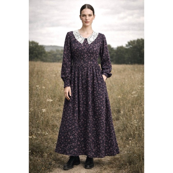 Laura Ashley Dresses & Skirts - VTG Laura Ashley Lace Collar Tea Dress 4 Purple Prairie Romantic Coquette Ditsy